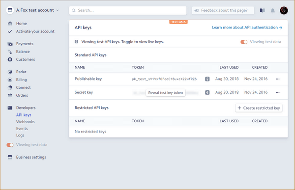 Stripe Dashboard API Keys page